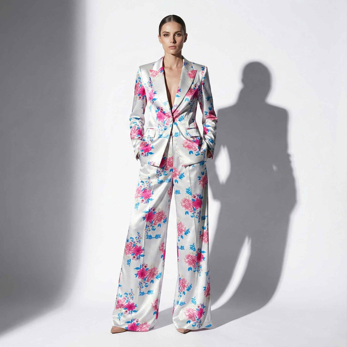 Blue and pink floral print blazer and pant suit, front view - ARTSAY