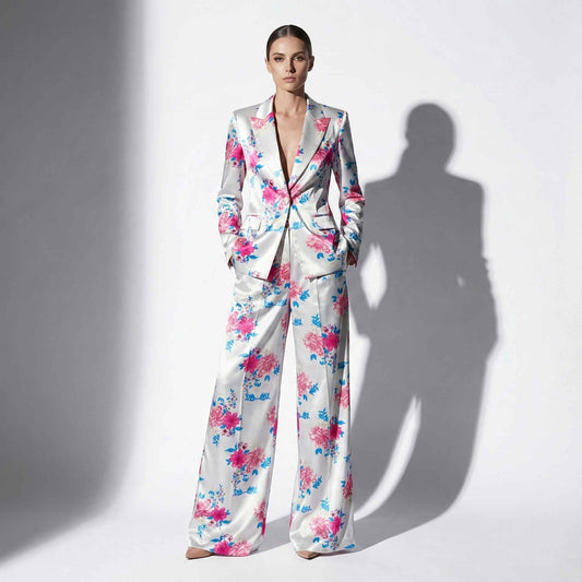 Blue and pink floral print blazer and pant suit, front view - ARTSAY
