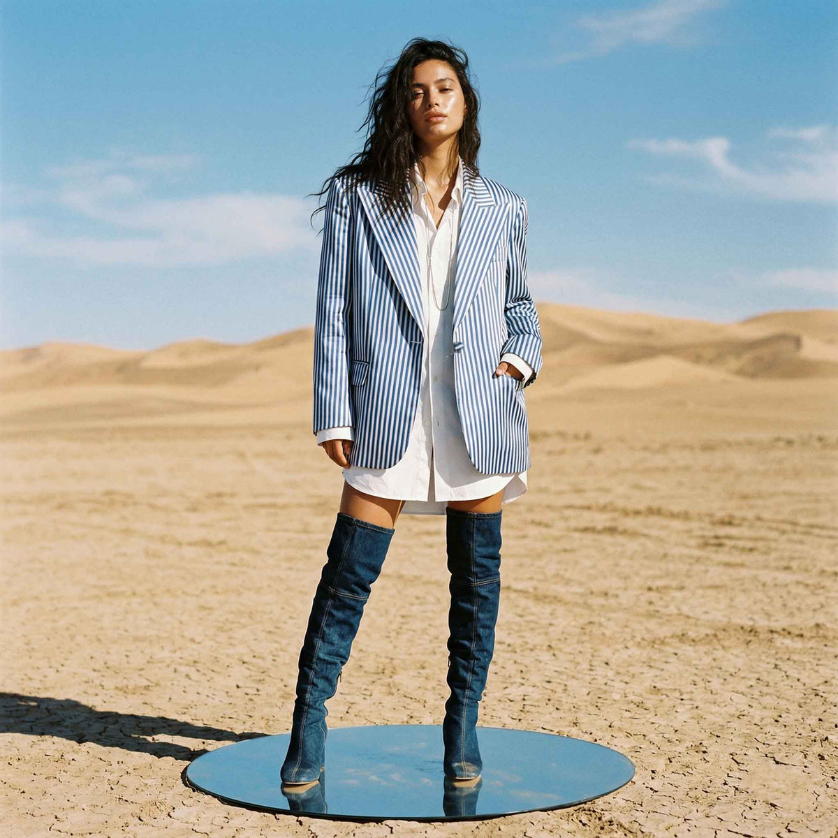 Blue and white striped statement blazer, front view - ARTSAY