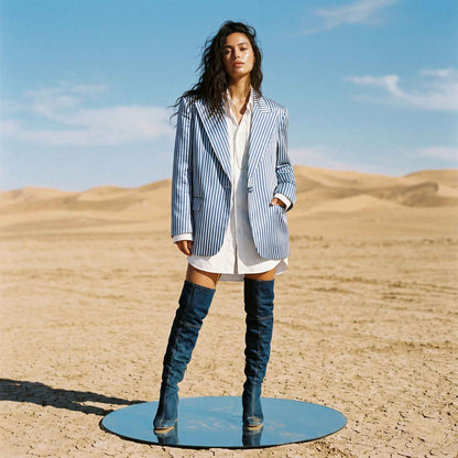Blue and white striped statement blazer, front view - ARTSAY