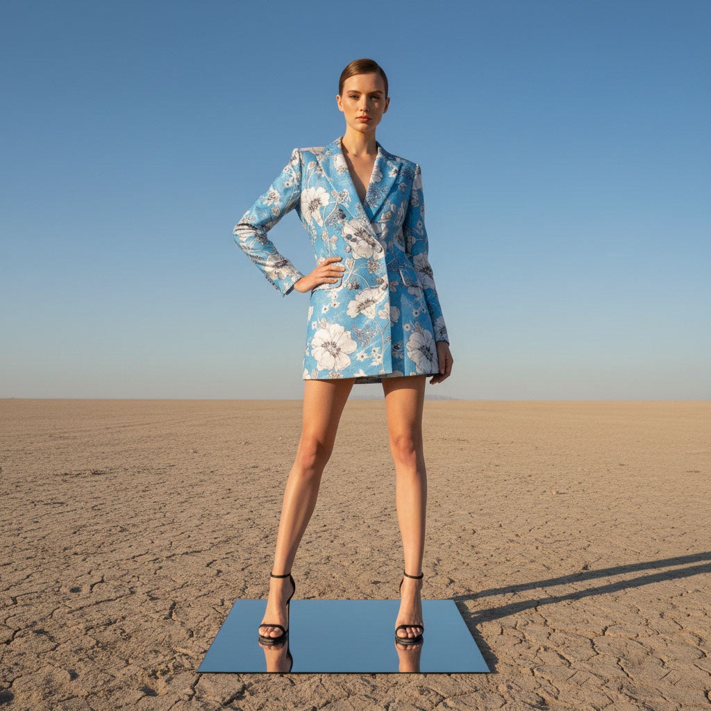 Blue floral print velvet blazer dress, front view - ARTSAY