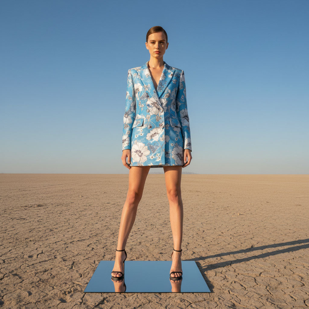 Woman wearing blue floral velvet blazer dress, styled look - ARTSAY