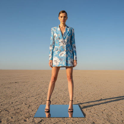 Woman wearing blue floral velvet blazer dress, styled look - ARTSAY