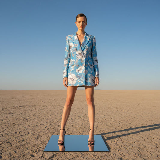 Woman wearing blue floral velvet blazer dress, styled look - ARTSAY