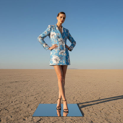Close-up of floral print pattern on blue velvet blazer dress - ARTSAY