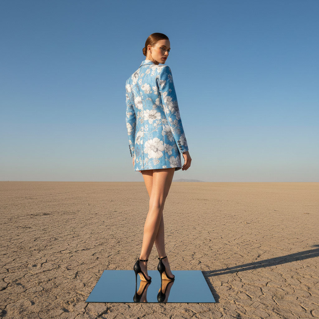 Blue floral velvet blazer dress, back view - ARTSAY
