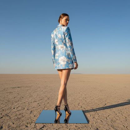 Blue floral velvet blazer dress, back view - ARTSAY