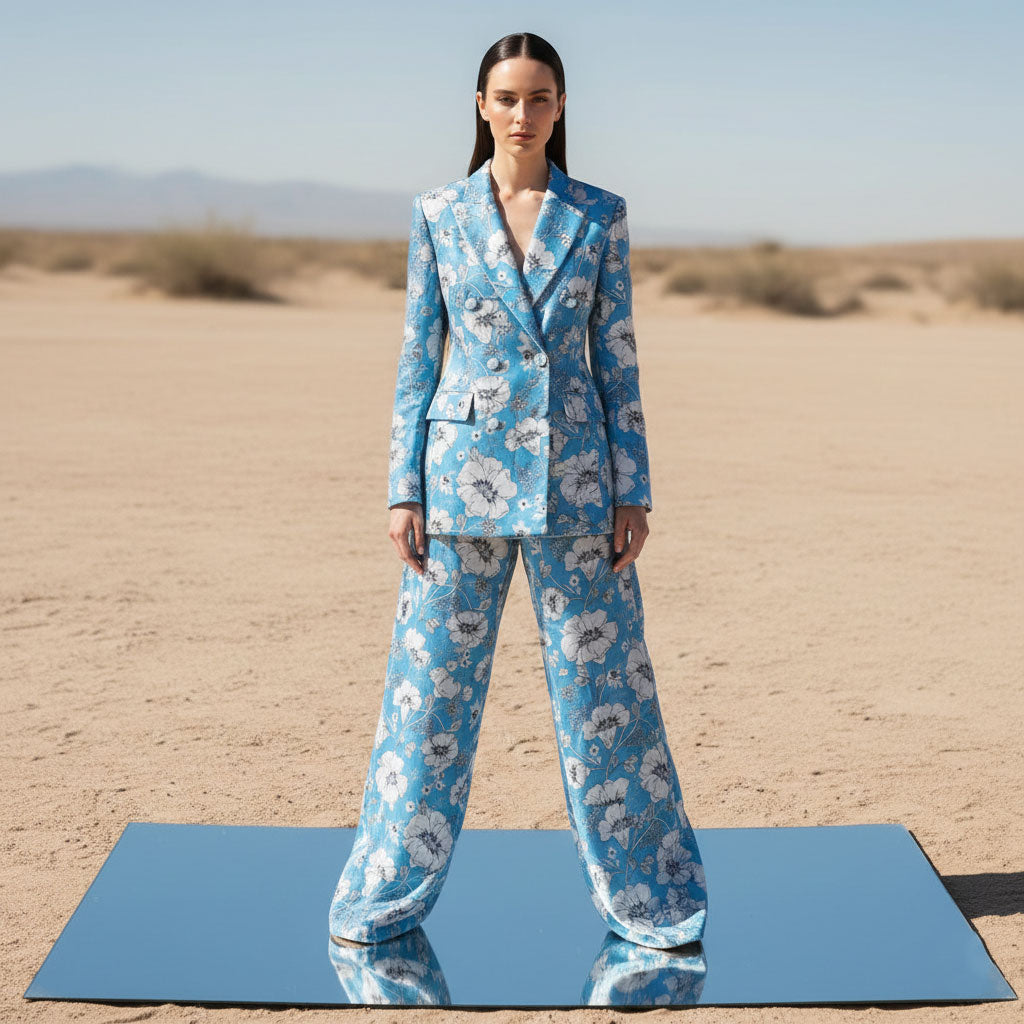 Blue floral velvet blazer and pant suit, front view - ARTSAY