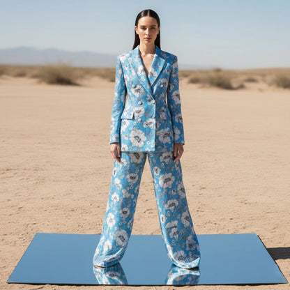 Blue floral velvet blazer and pant suit, front view - ARTSAY