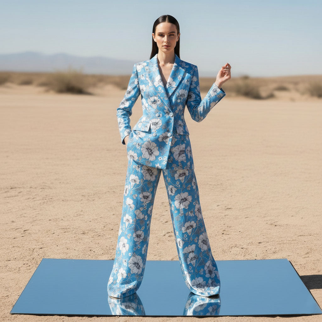 Woman wearing blue floral velvet power suit, styled look - ARTSAY