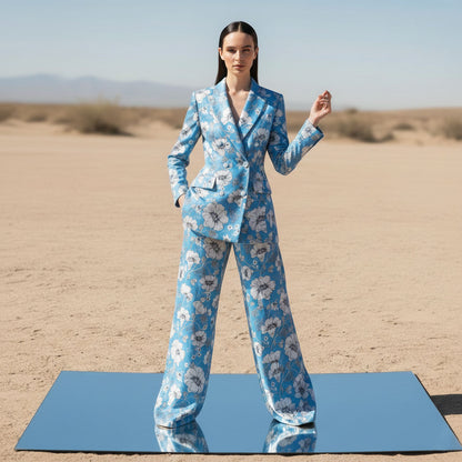 Woman wearing blue floral velvet power suit, styled look - ARTSAY