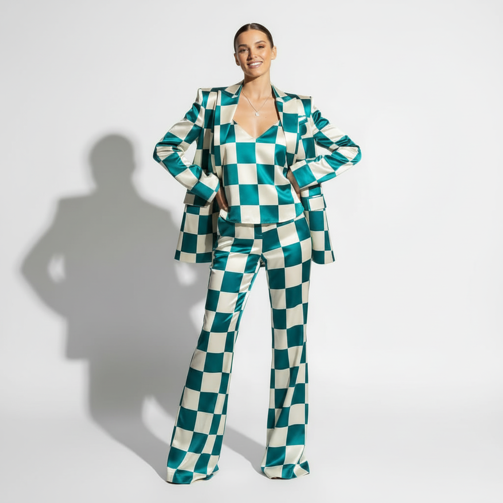 Checkered print blazer and pant suit, front view - ARTSAY