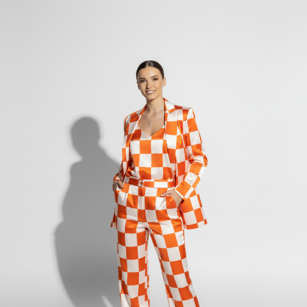 Woman wearing checkered print pant suit, styled look - ARTSAY