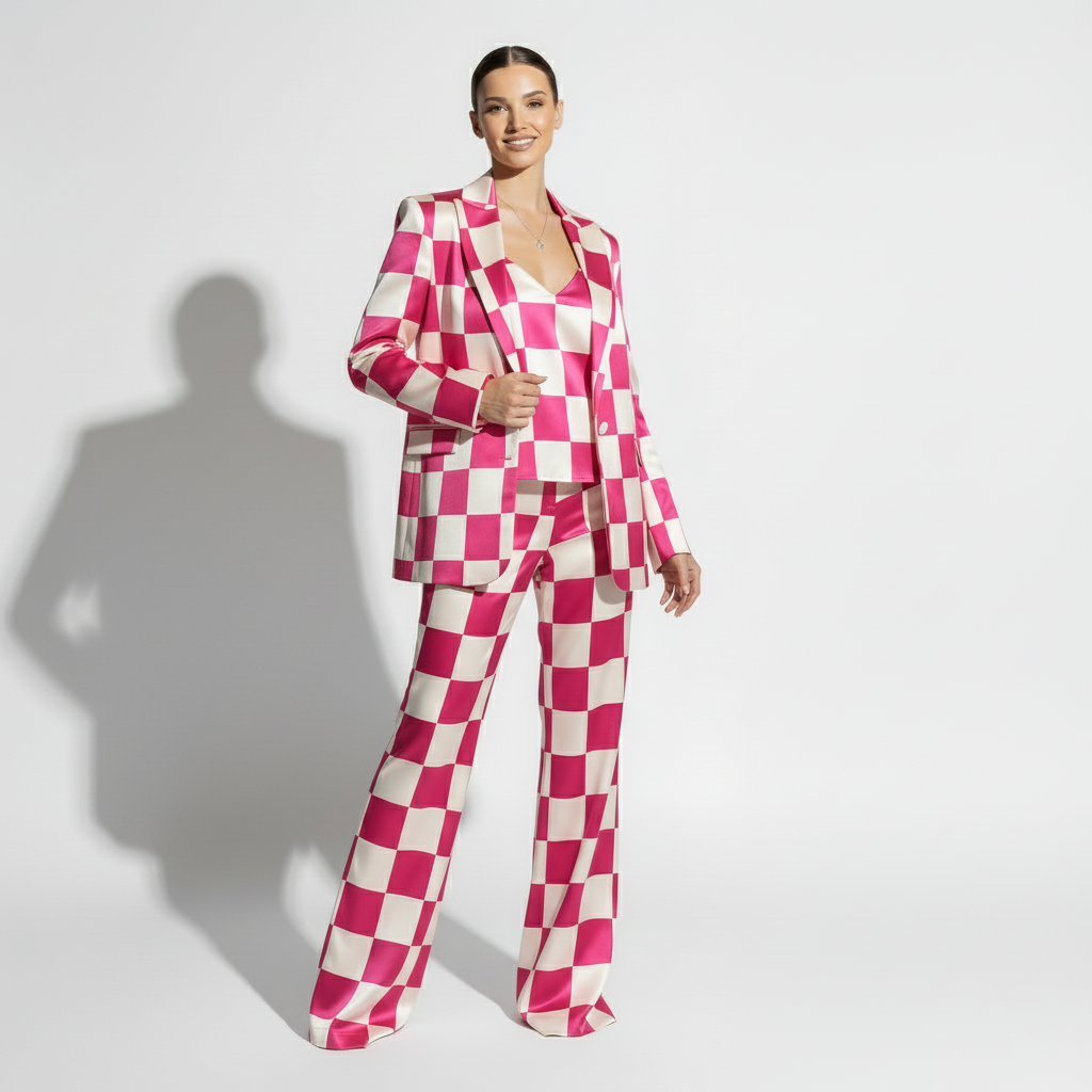 Checkered print pant suit, back view - ARTSAY