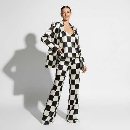 Checkered print pant suit, side view - ARTSAY