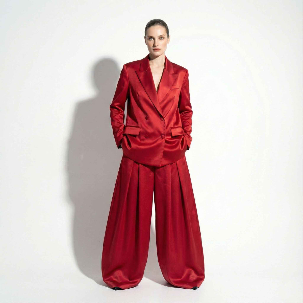 Woman wearing custom tailored suit set, styled look - ARTSAY