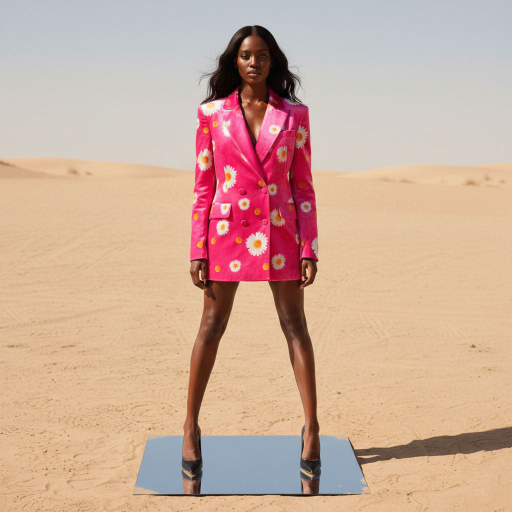 Woman wearing pink floral velvet blazer dress, styled look - ARTSAY