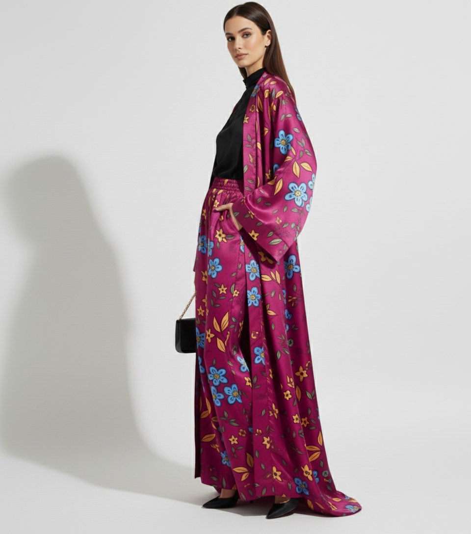 Floral Silk Charmeuse Kimono & Wide Leg Pant Set