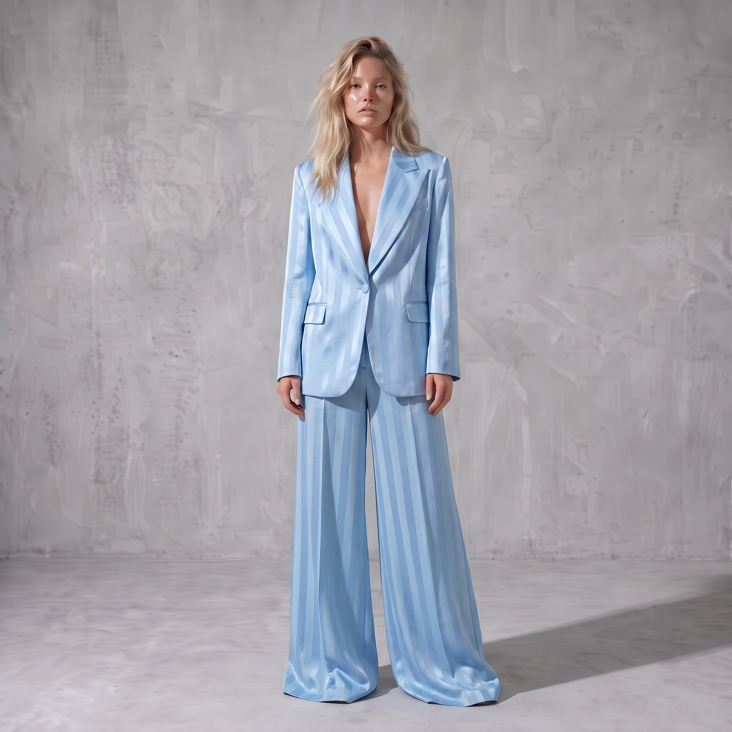 Sky Blue Brocade Satin Stripe Suit Set