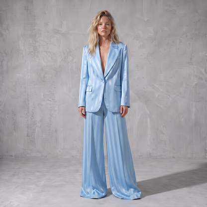 Sky Blue Brocade Satin Stripe Suit Set