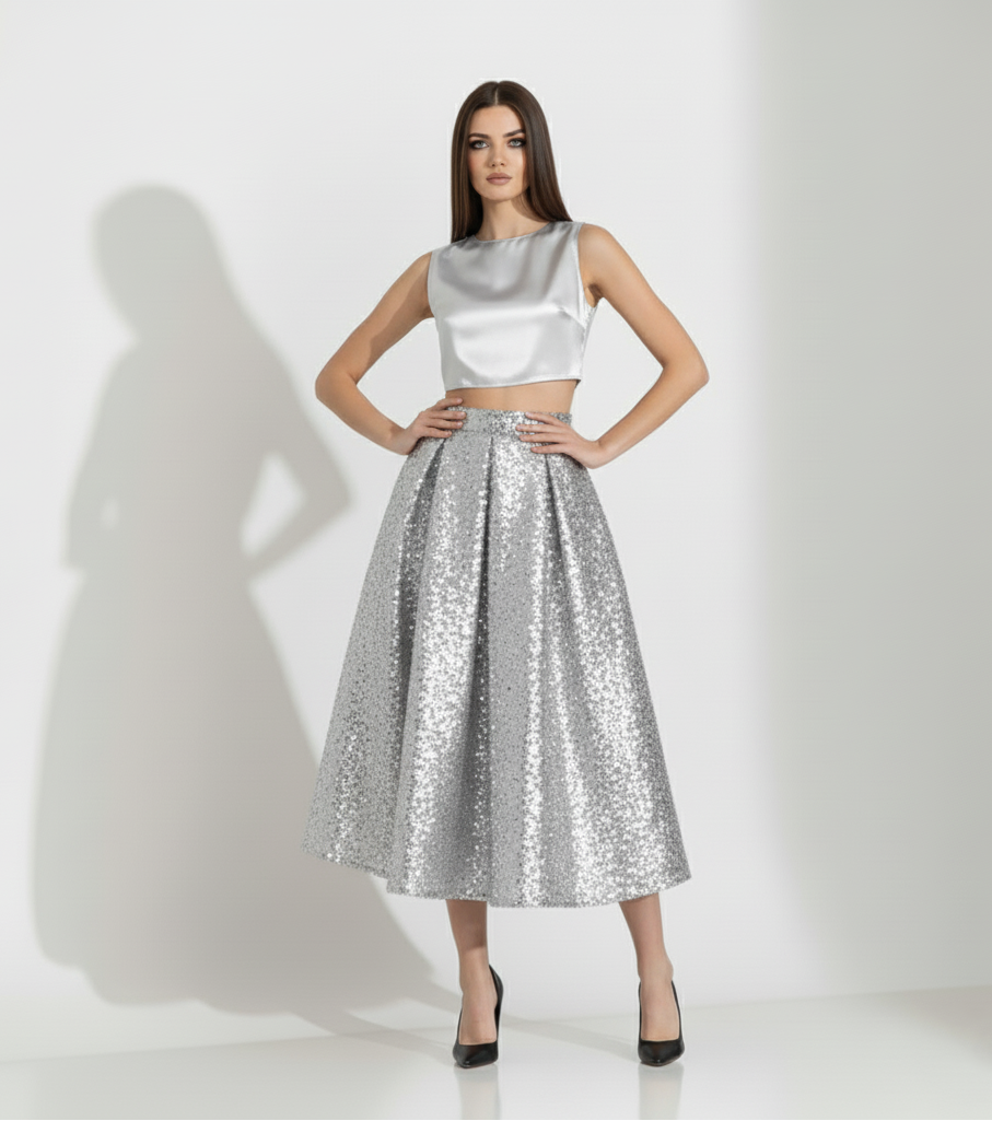 Silver Sequin Midi Skirt Set