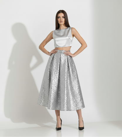 Silver Sequin Midi Skirt Set