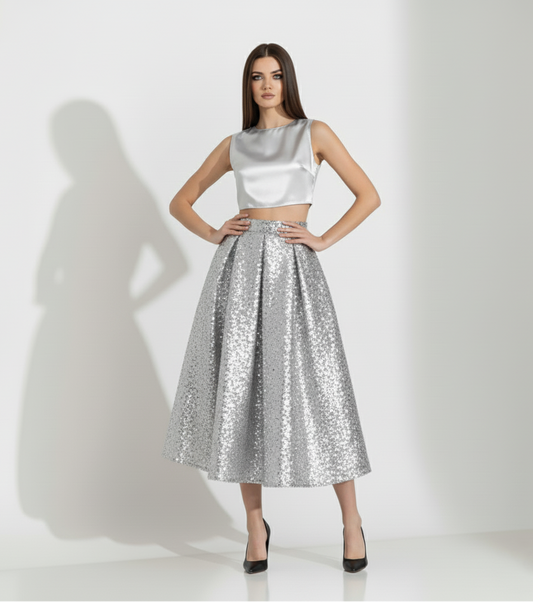 Silver Sequin Midi Skirt Set