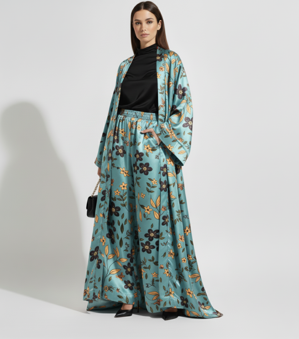 Floral Silk Charmeuse Kimono Duster & Wide Leg Pant Set