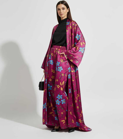 Floral Charmeuse Kimono & Wide Leg Pant Set