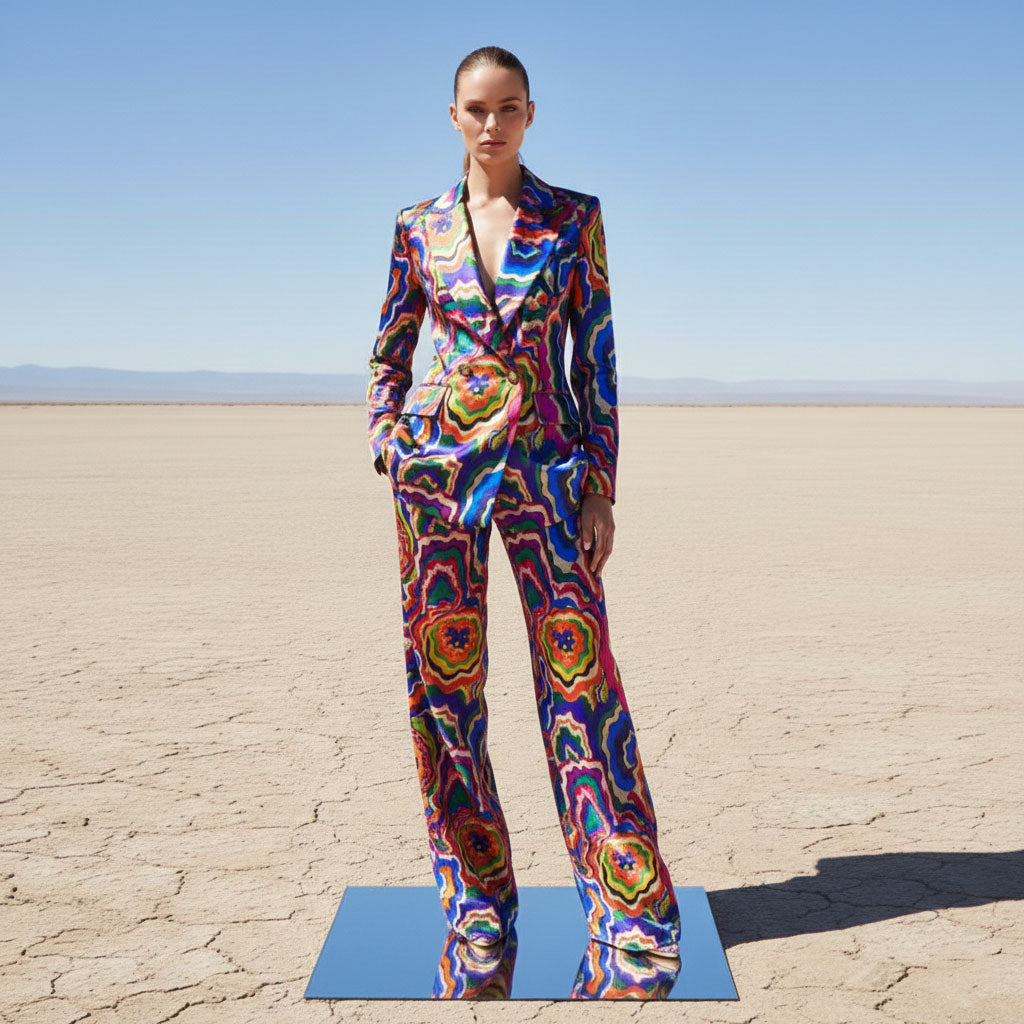 Women’s Vibrant Psychedelic Print Satin 2-Piece Suit