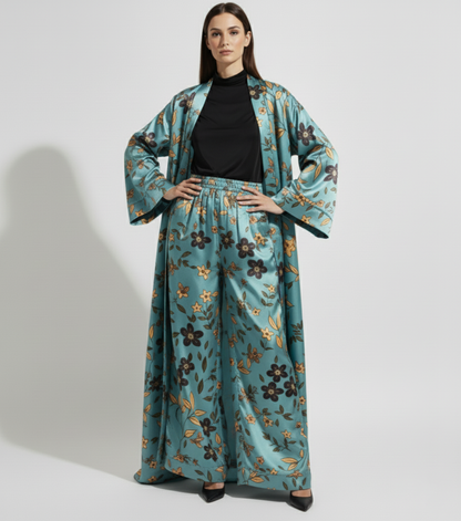 Floral Silk Charmeuse Kimono Duster & Wide Leg Pant Set