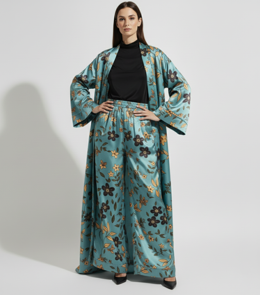 Floral Silk Charmeuse Kimono Duster & Wide Leg Pant Set