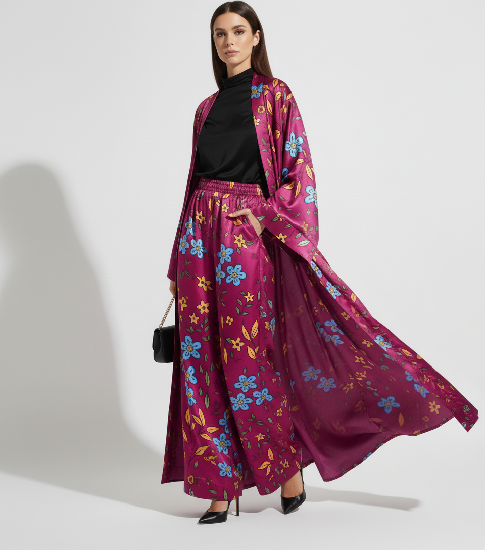 Floral Silk Charmeuse Kimono & Wide Leg Pant Set