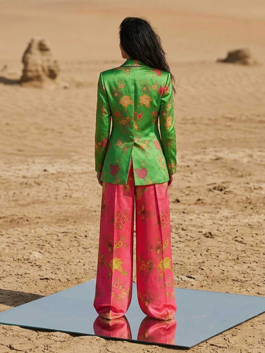 Floral Print Satin 2-Piece Blazer Set
