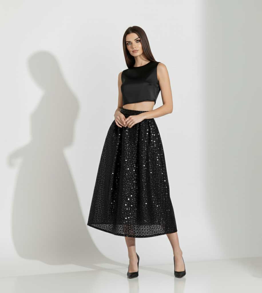 Black Sequin Midi Skirt Set