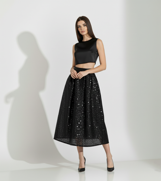 Black Sequin Midi Skirt Set