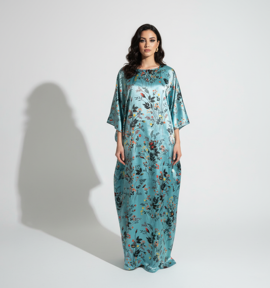 Luxe Floral Charmeuse Silk Kaftan Dress