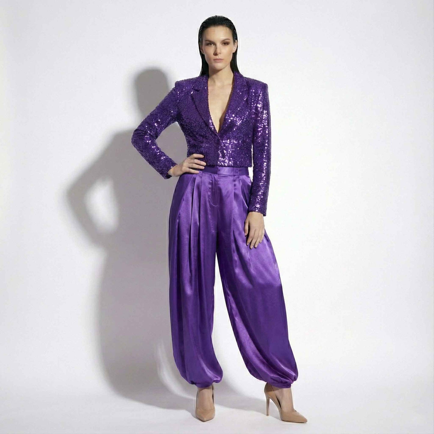 Custom 2 Piece Sequin Blazer & Satin Palazzo Set