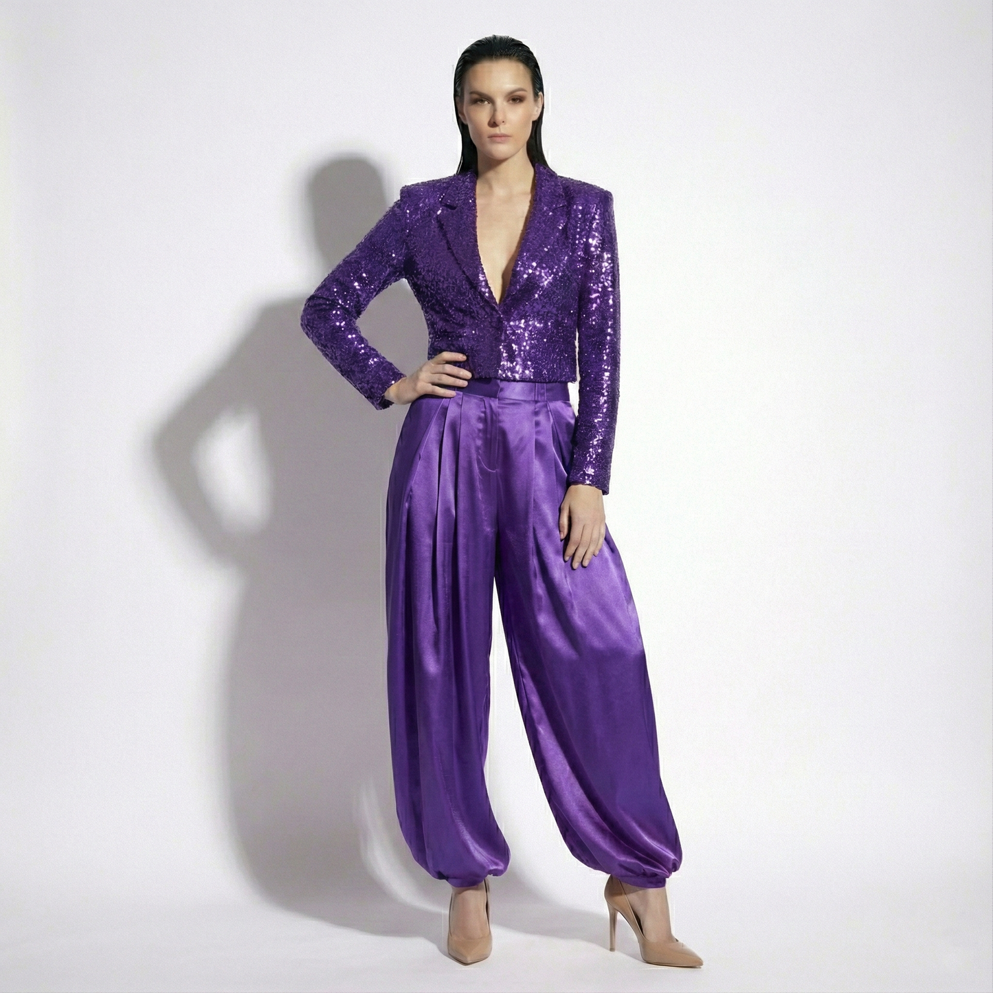 Custom 2 Piece Sequin Blazer & Satin Palazzo Set