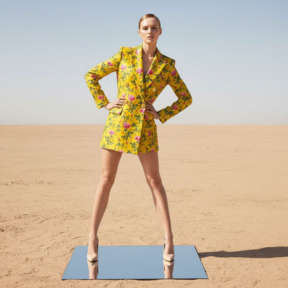 Lux Floral Velvet Blazer Dress - Mustard Yellow Rose Print Mini