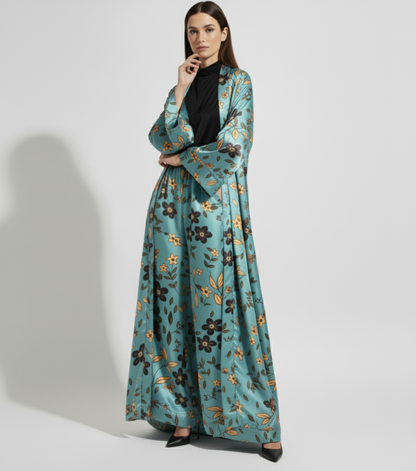 Floral Silk Charmeuse Kimono Duster & Wide Leg Pant Set