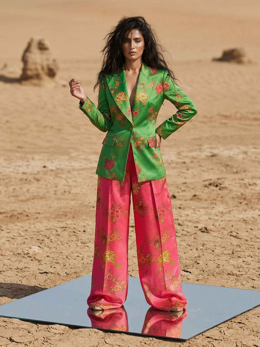 Floral Print Satin 2-Piece Blazer Set