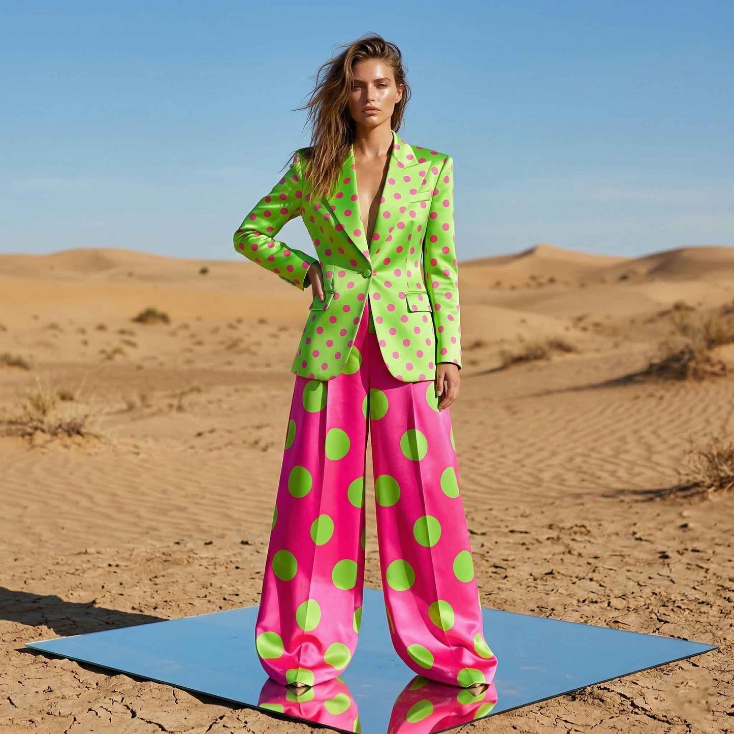 Green and Pink Polka Dot Satin Co-ord Set