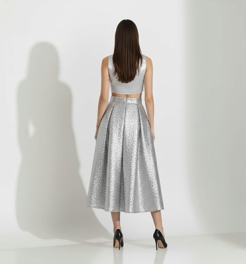 Silver Sequin Midi Skirt Set
