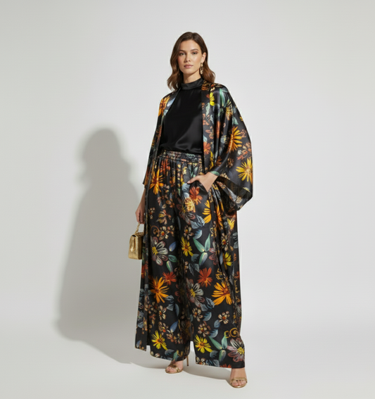Charmeuse Silk Kimono & Wide-Leg Pant Set