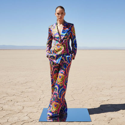 Women’s Vibrant Psychedelic Print Satin 2-Piece Suit