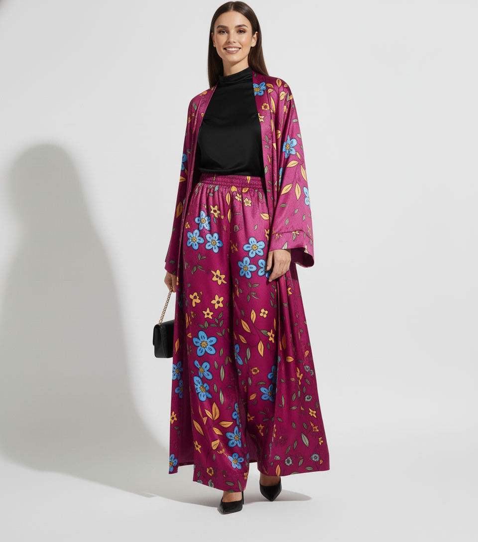 Floral Silk Charmeuse Kimono & Wide Leg Pant Set