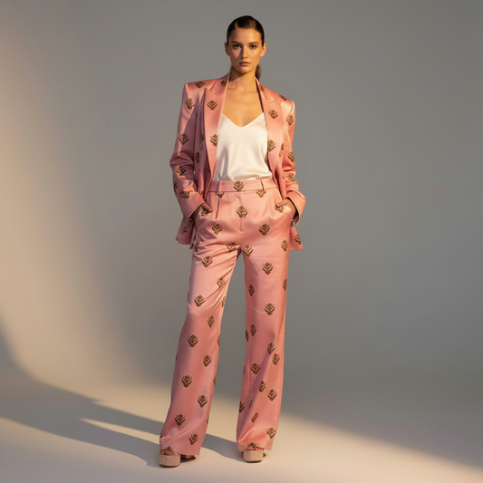 Peach Pink Brocade Silk Pantsuit