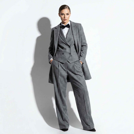Women's Grey Custom Tailored Wool Blend Suit 3 Piece Set