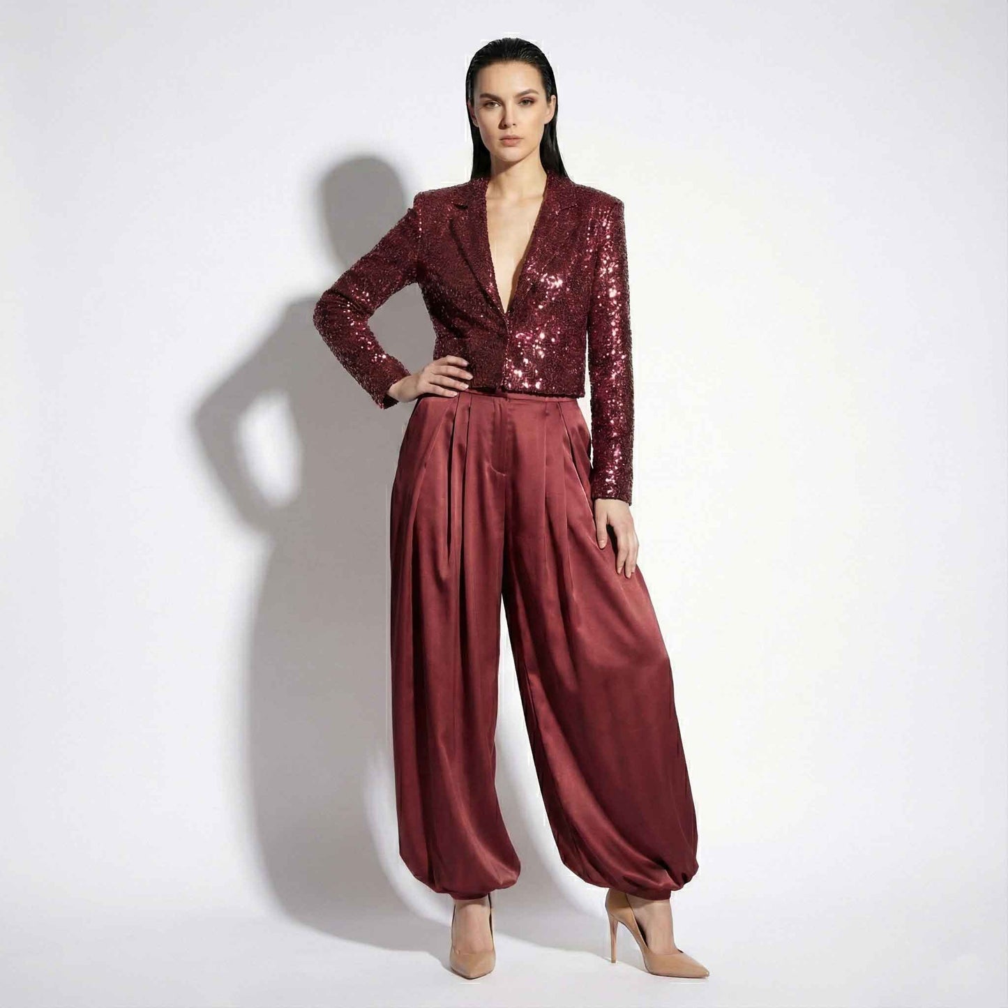 Custom 2 Piece Sequin Blazer & Satin Palazzo Set